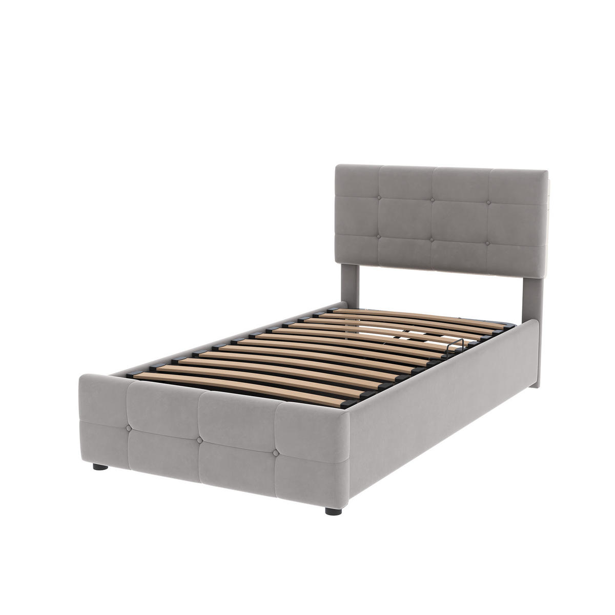 KINDERBETT 90/200 cm mit hydraulischem Stauraum und höhenverstellbarem Kopfteil, Grau - Grau, Textil (90/200cm) - OKWISH