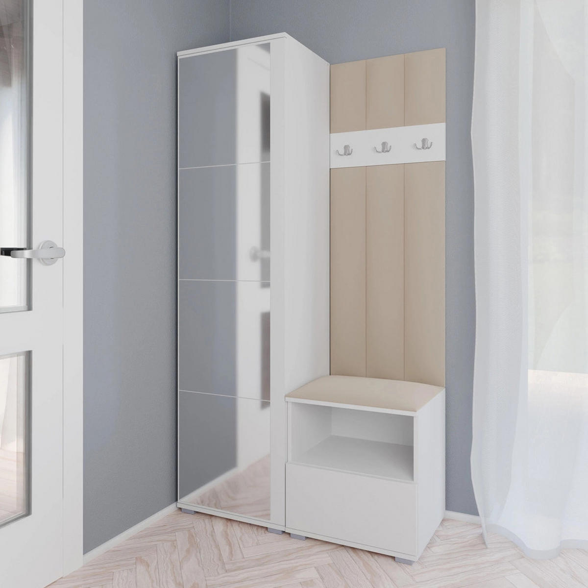GEPOLSTERT Garderoben-Set Nela I LUX (Spiegel – Farbe Weiß + Stoff Trinity 04) - Beige/Silberfarben, Holz/Holzwerkstoff (100/187/40cm) - Ravio