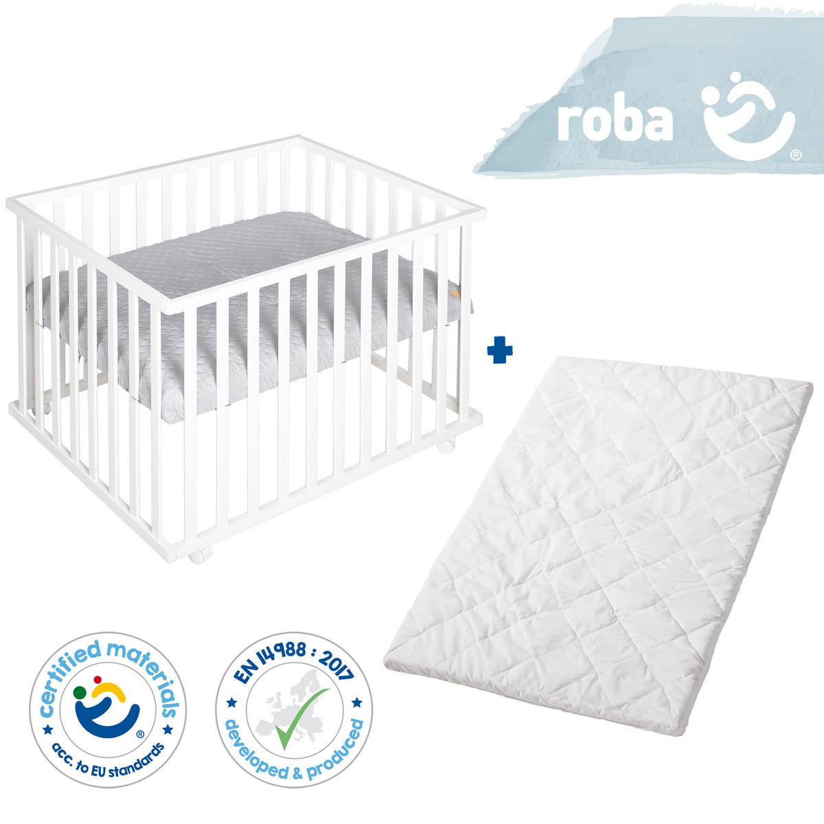 LAUFGITTER inkl. Matratze, roba Style grau - Weiß/Grau, Holzwerkstoff (72.5/72/98cm) - Roba