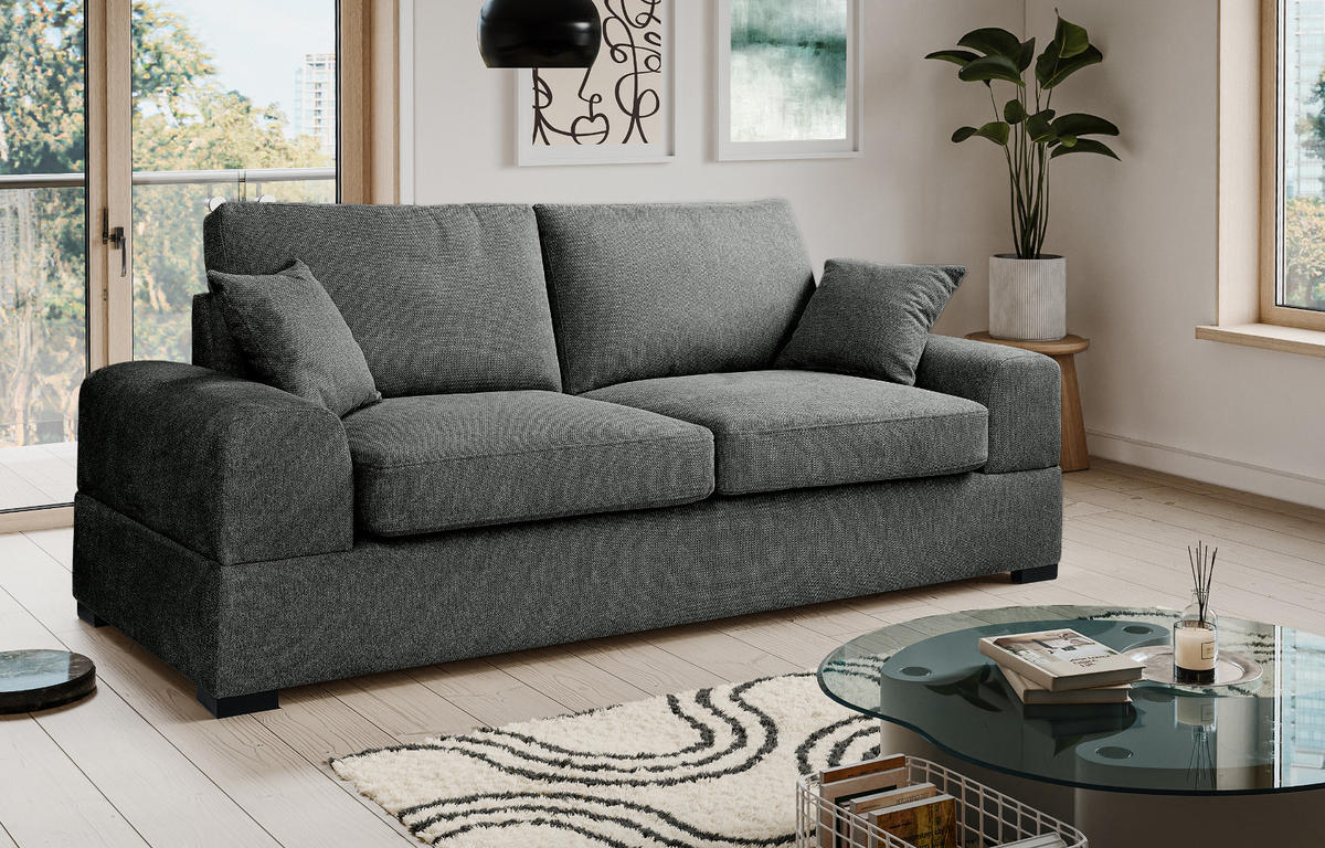 SOFA grau Strukturstoff, Couch 3-Sitzer 221 cm mit Premium Kaltschaum - Schwarz/Grau, Holz/Textil (221/90/93cm) - Inn.Furn