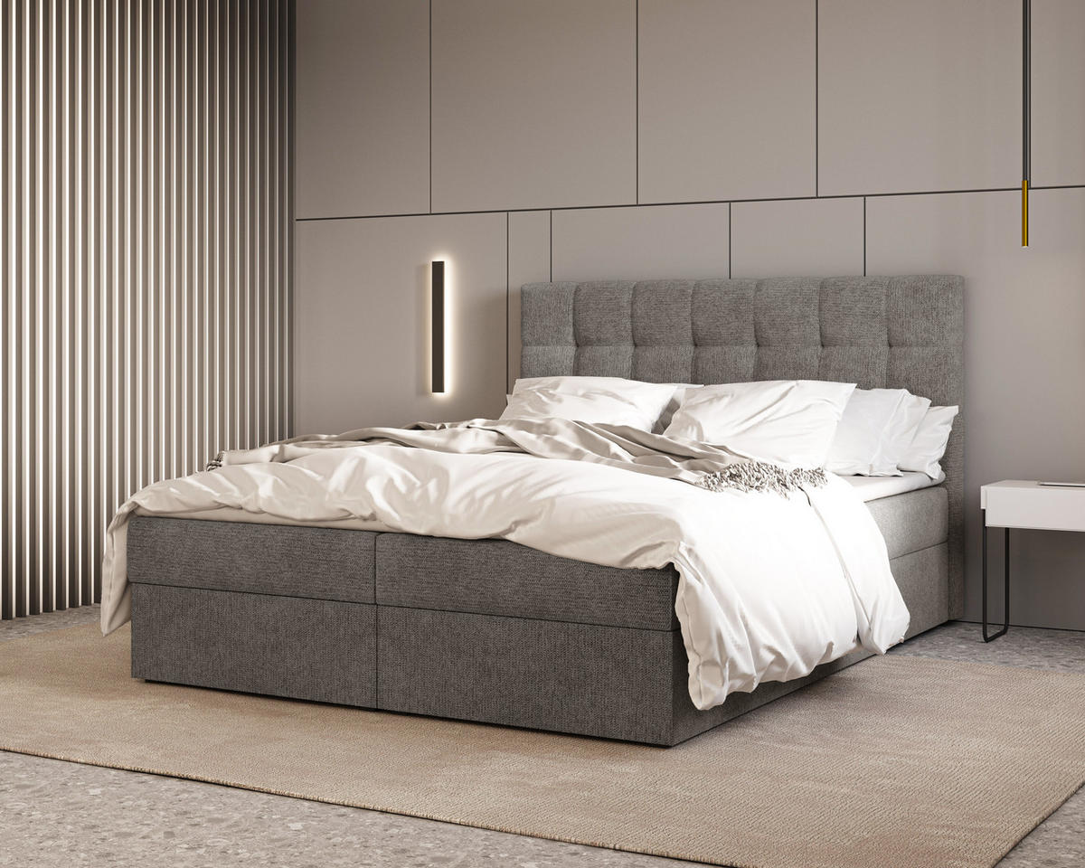BOXBETT - Bett 05 OSLO - Aragon - 140x200 cm - mit Bettkasten und Komfort-Topper - Grau, Holz (140/200cm) - ROYAL24_MARKT