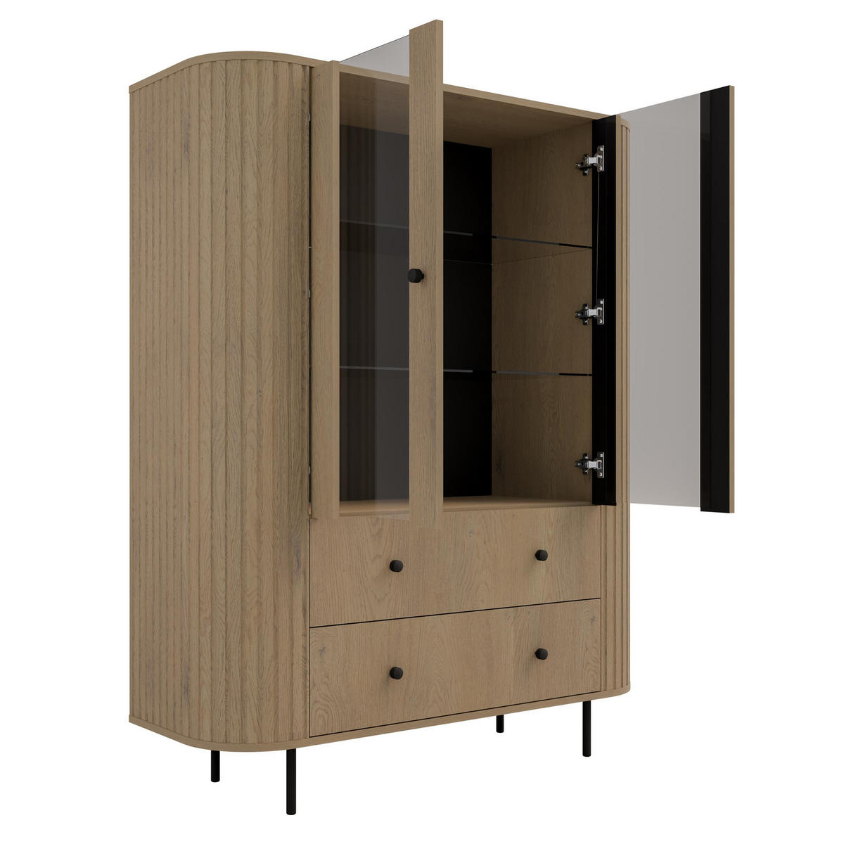 VITRINE Halay Eiche Cremona, 2 Türen & 2 Schubladen Moderne Rillenstruktur, mit runden Kanten - Eichefarben/Schwarz, Holzwerkstoff/Metall (123/155/42.3cm) - AX Living