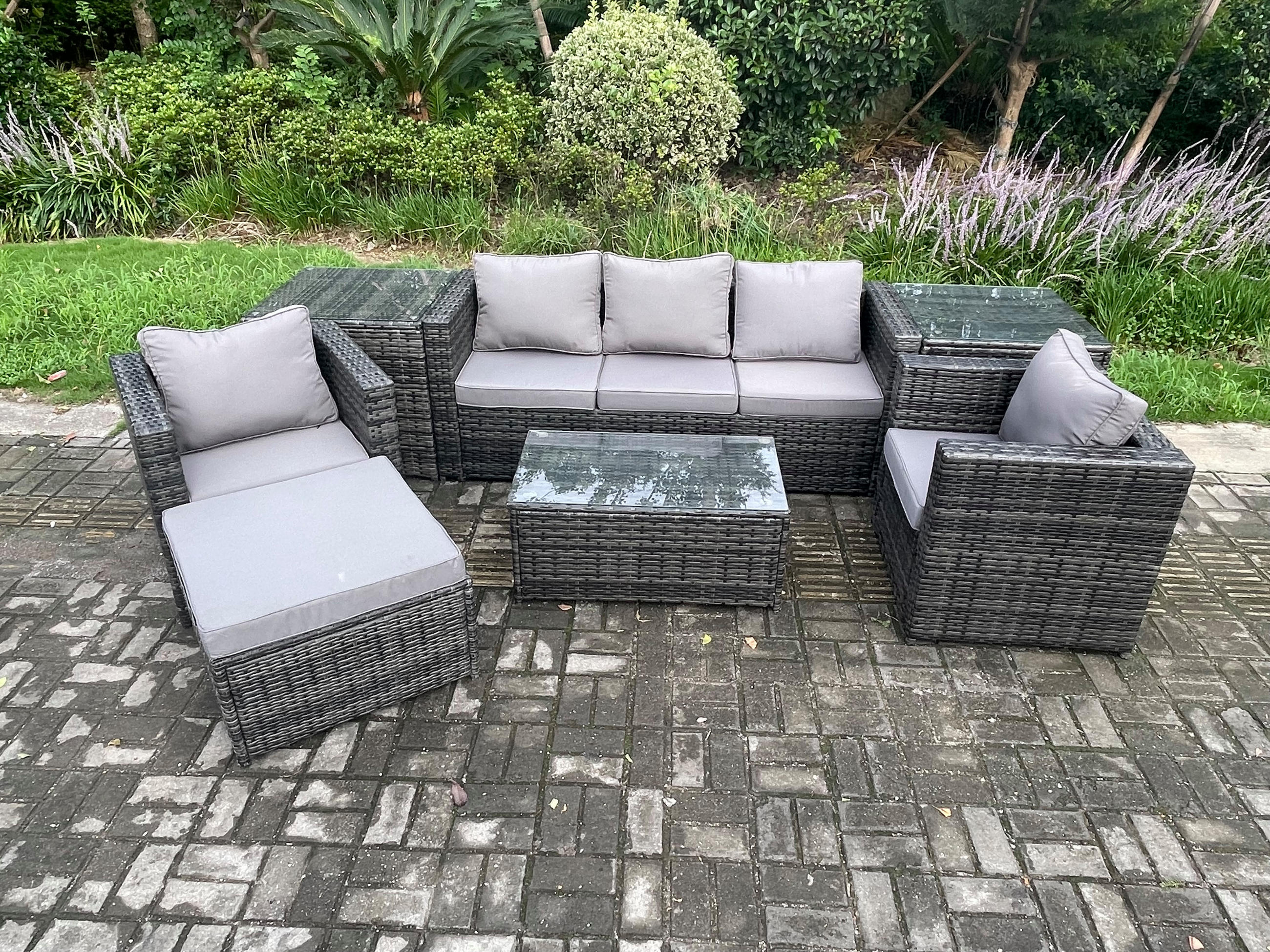 GARTENSOFA SET Polyrattan Dunkelgrau 6-Sitzer - Dunkelgrau, Metall - Fimous