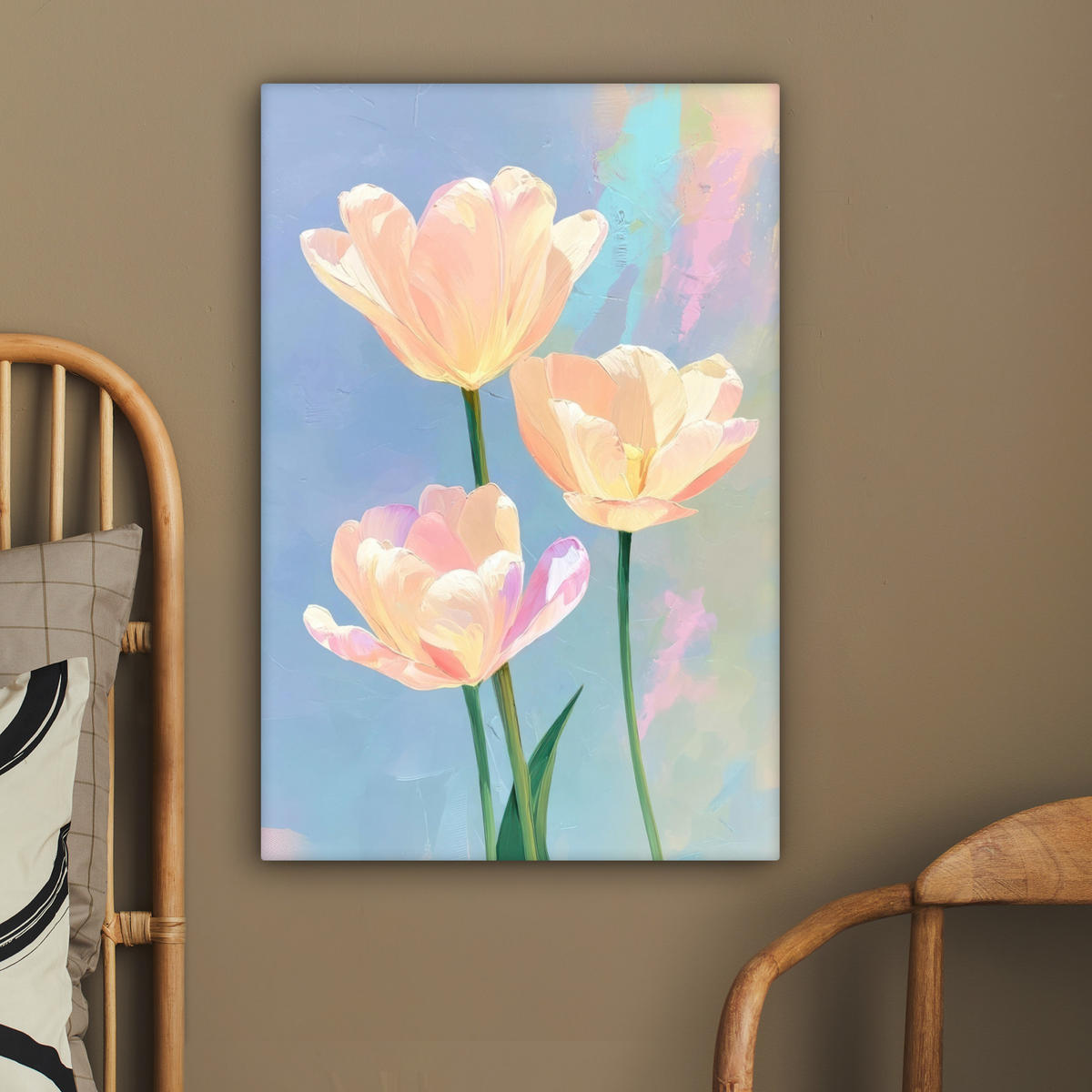 LEINWANDBILD Tulpen - Rosa Akzente - Blau Wanddeko Schlafzimmer 60x90 cm - Pastellblau, Textil (60/90cm) - MuchoWow