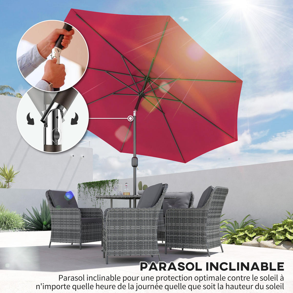 SONNENSCHIRM DE-11398 neigbar, mit Kurbel, Ø 3 m Bordeaux - Rot, Metall (295/295cm) - ComfortXL