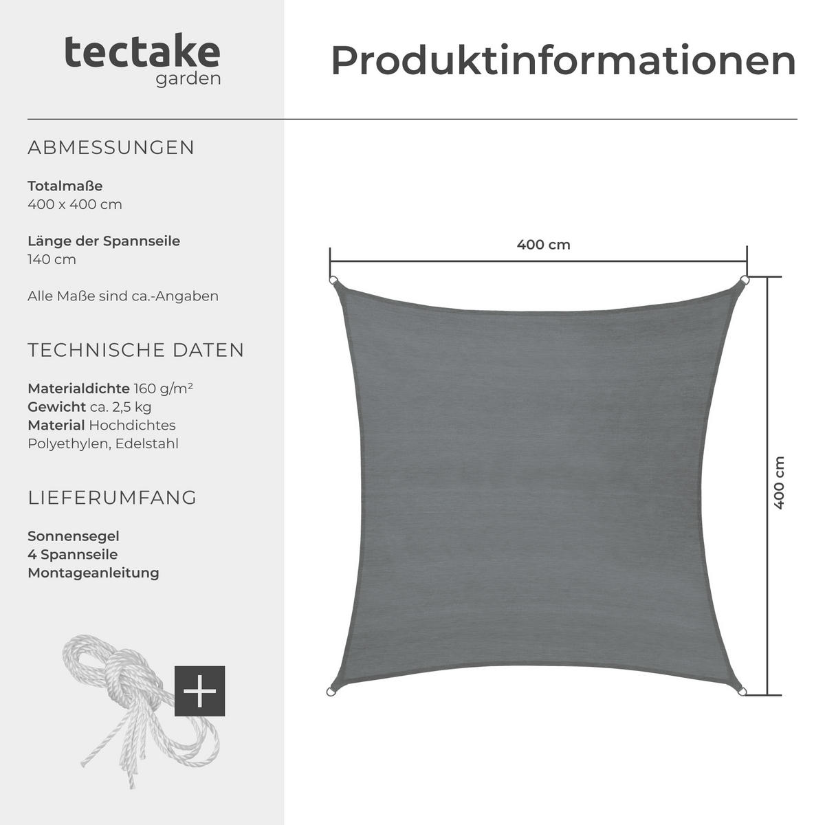 SONNENSEGEL ,inklusive Spannseile,grau - Grau, Kunststoff (400/400cm) - tectake