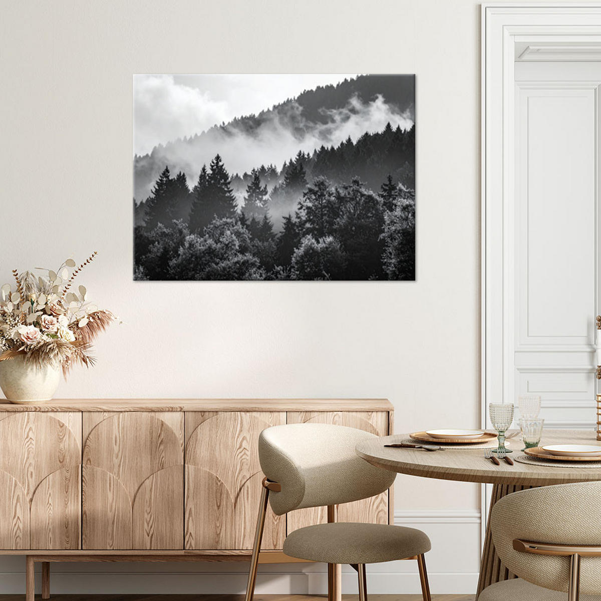 LEINWANDBILD Wald im Nebel schwarz-weiß 120x80cm - Schwarz, Textil (120/80cm) - Feeby