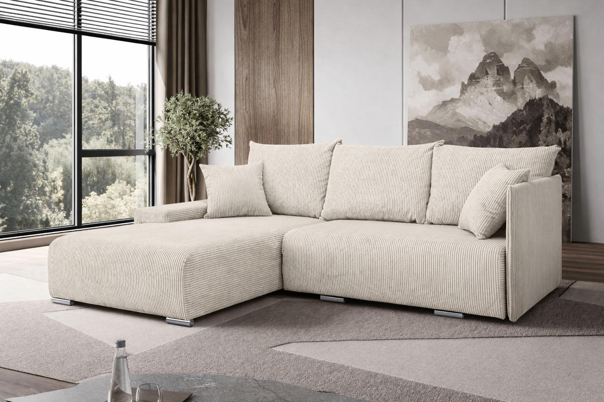 ECKSOFA L-Form Schlaffunktion Livorno Cord-Stoff Ecru Links - Chromfarben/Ecru, Holz/Kunststoff (246/188cm) - Kaiser Möbel