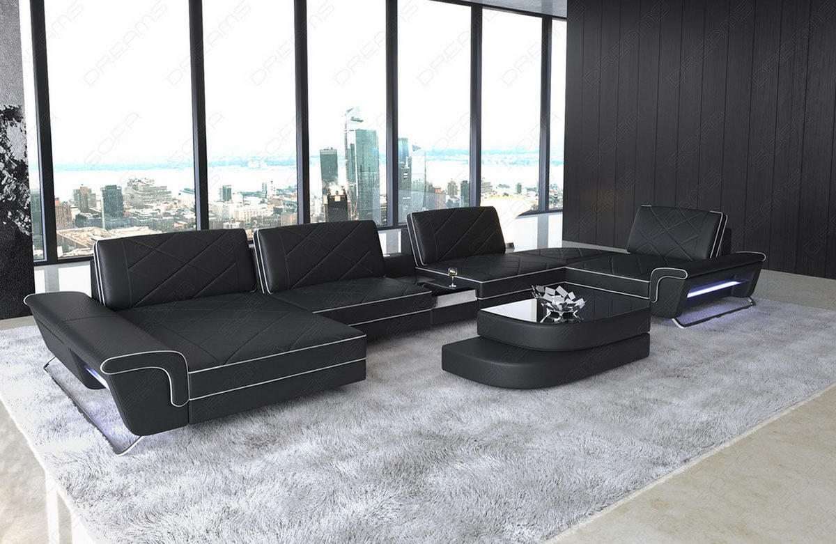 WOHNLANDSCHAFT Bari U - Schwarz/Weiß, Leder (456/89/243cm) - Sofa Dreams