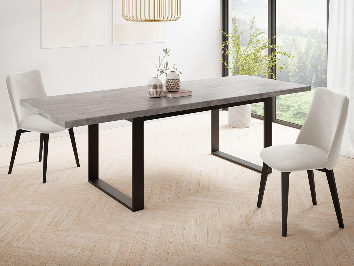 ESSTISCH Valentino rechteckig ausziehbar, Grauer Beton 160/240/90/75 cm - Hellgrau/Schwarz, Holzwerkstoff/Metall (160/90/75cm) - WFL GROUP