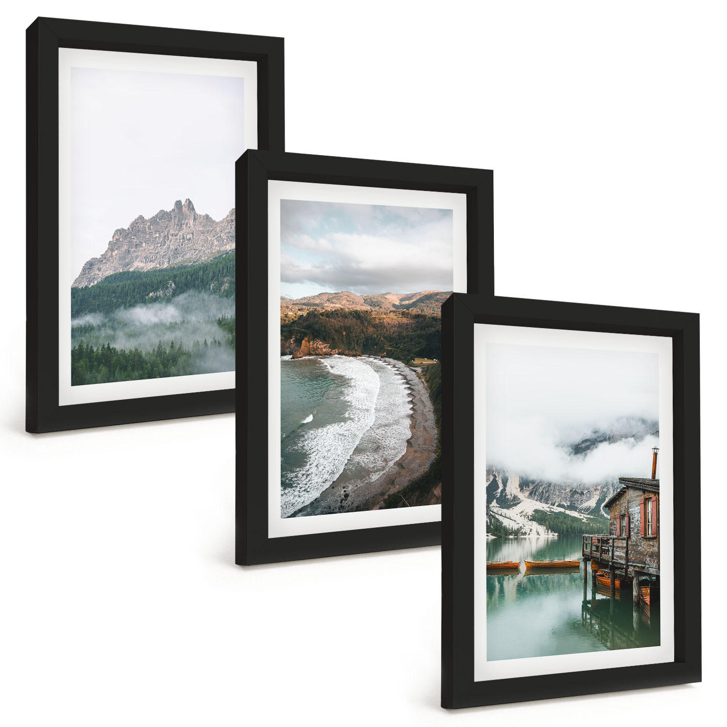 BILDER SET 3er Set - 20x30 cm Schwarzer Rahmen - Holzhaus an Bergstränden - Schwarz, Kunststoff (20/30cm) - TULUP