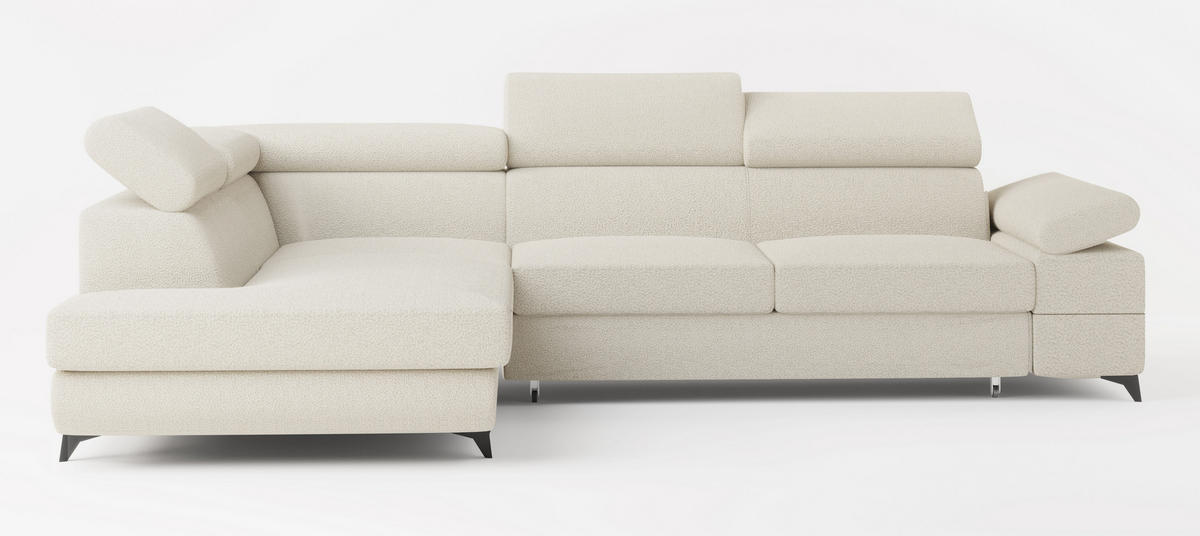 ECKSOFA FAVIEN L-S Creme Boucle-Stoff mit Schlaffunktion - Creme, Holz (257/190cm) - MASSENO