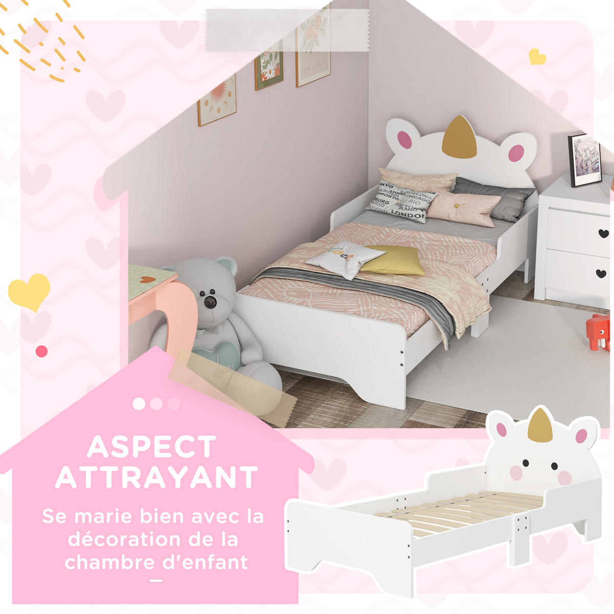 KINDERBETT 140x70 cm DE-14553 mit Einhorn-Design, inkl. Lattenrost Rosa - Weiß, Holzwerkstoff (70/140cm) - ComfortXL