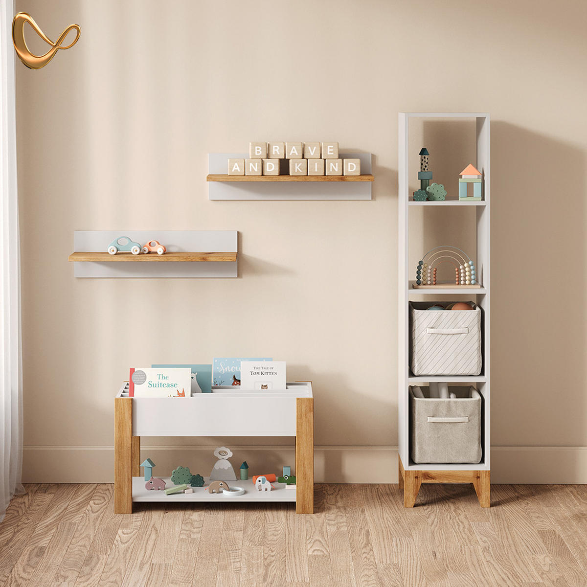 KINDERREGAL Mailo Weiß/Artisan 35.2 x 159.5 cm mit Sitzbank - Weiß/Eiche Artisan, Holzwerkstoff (35.2/159.5/30cm) - Livinity®