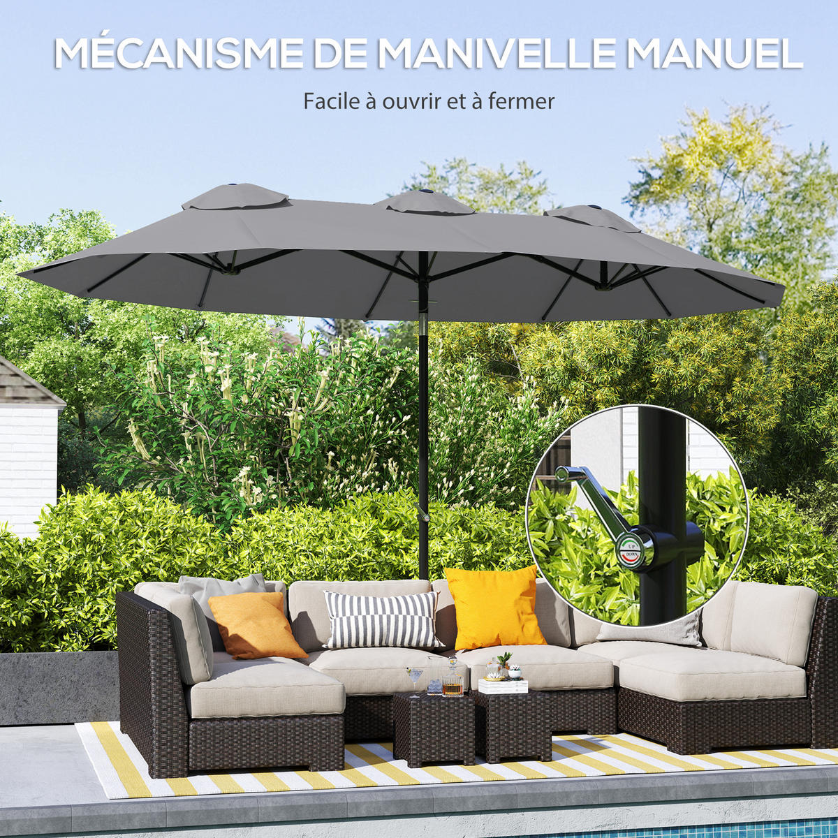 SONNENSCHIRM DE-11478 doppelt, mit Kurbel, 295 x 152 cm Grau - Grau, Textil (152/295cm) - ComfortXL