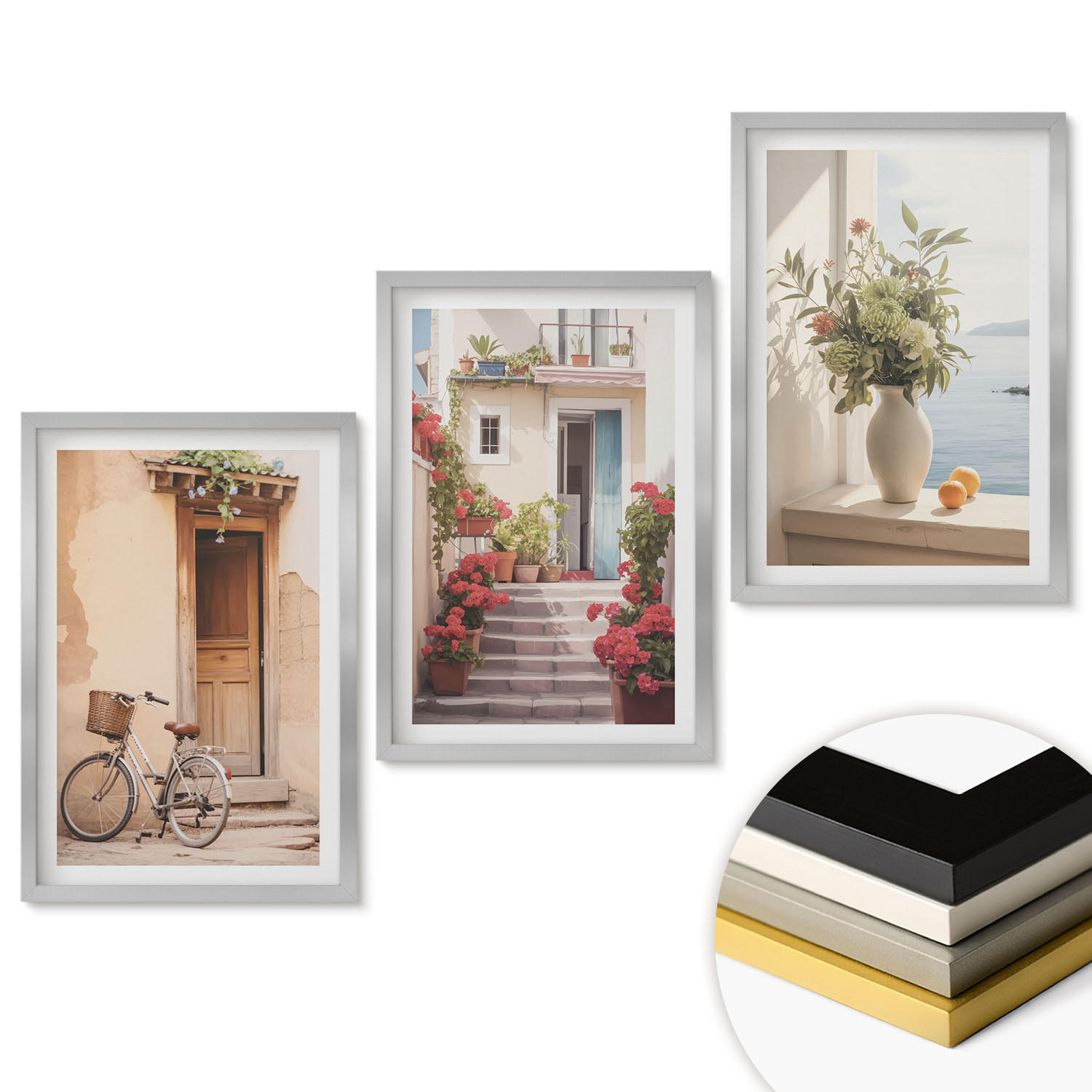 WANDBILDER 3er Set - 40x60 cm Silberner Rahmen - Charmante Küstenstraßen - Silberfarben, Kunststoff (40/60cm) - ArtPrintCave