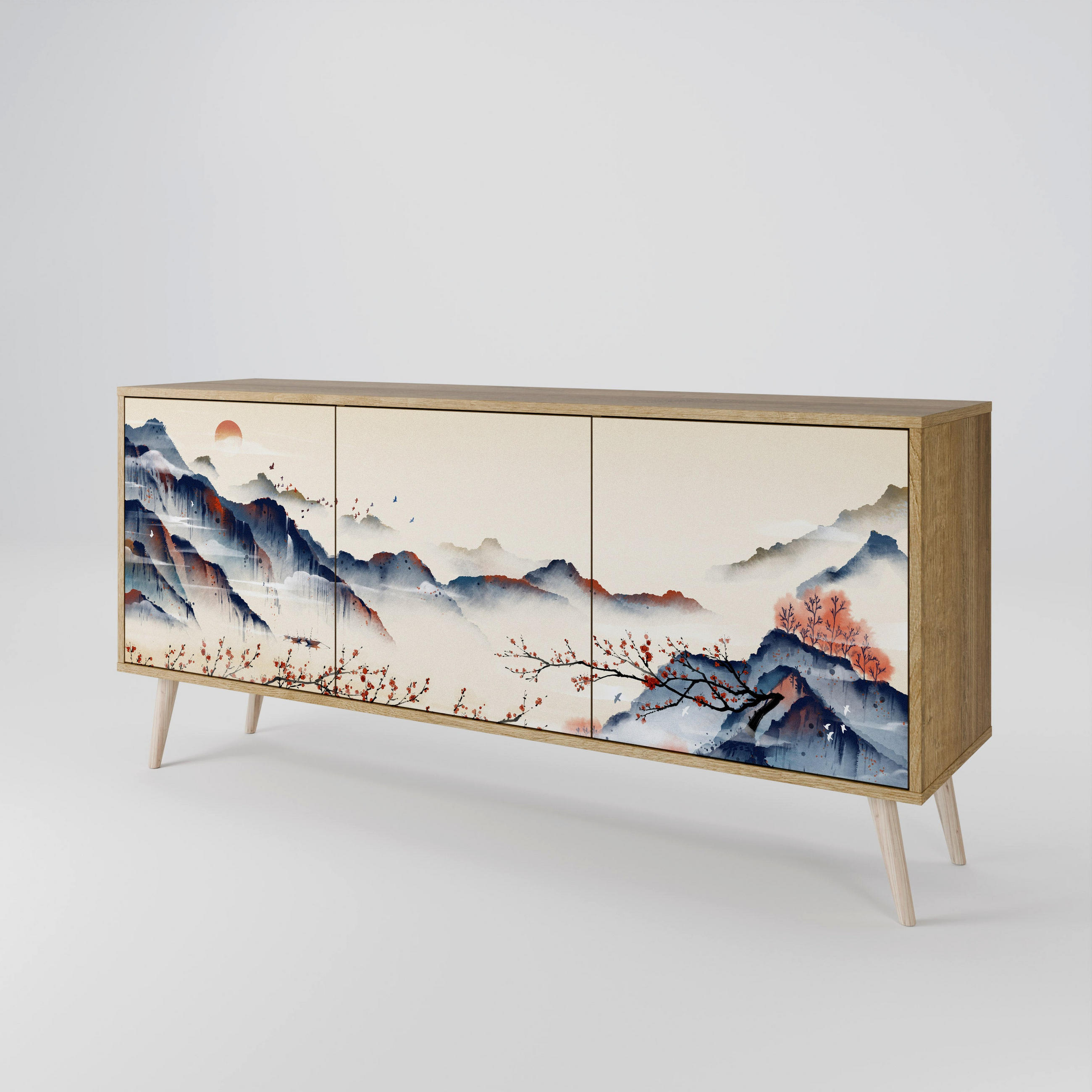 SIDEBOARD JAPANESE LANDSCAPE, Eicheneffekt, 164,5x42x77,5 cm, 3 Türen - Eichefarben/Buchefarben, Holzwerkstoff/Buchenholz (164.5/77.5/42cm) - SpaceRebels