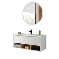 BADMÖBEL-SET 2-teilig weiß Hochglanz, Eiche mit Waschbecken und LED Beleuchtung 100 x 190 cm Glide - Weiß Hochglanz/Eichefarben, Glas/Holzwerkstoff (100/190/47cm) - Furn.Design