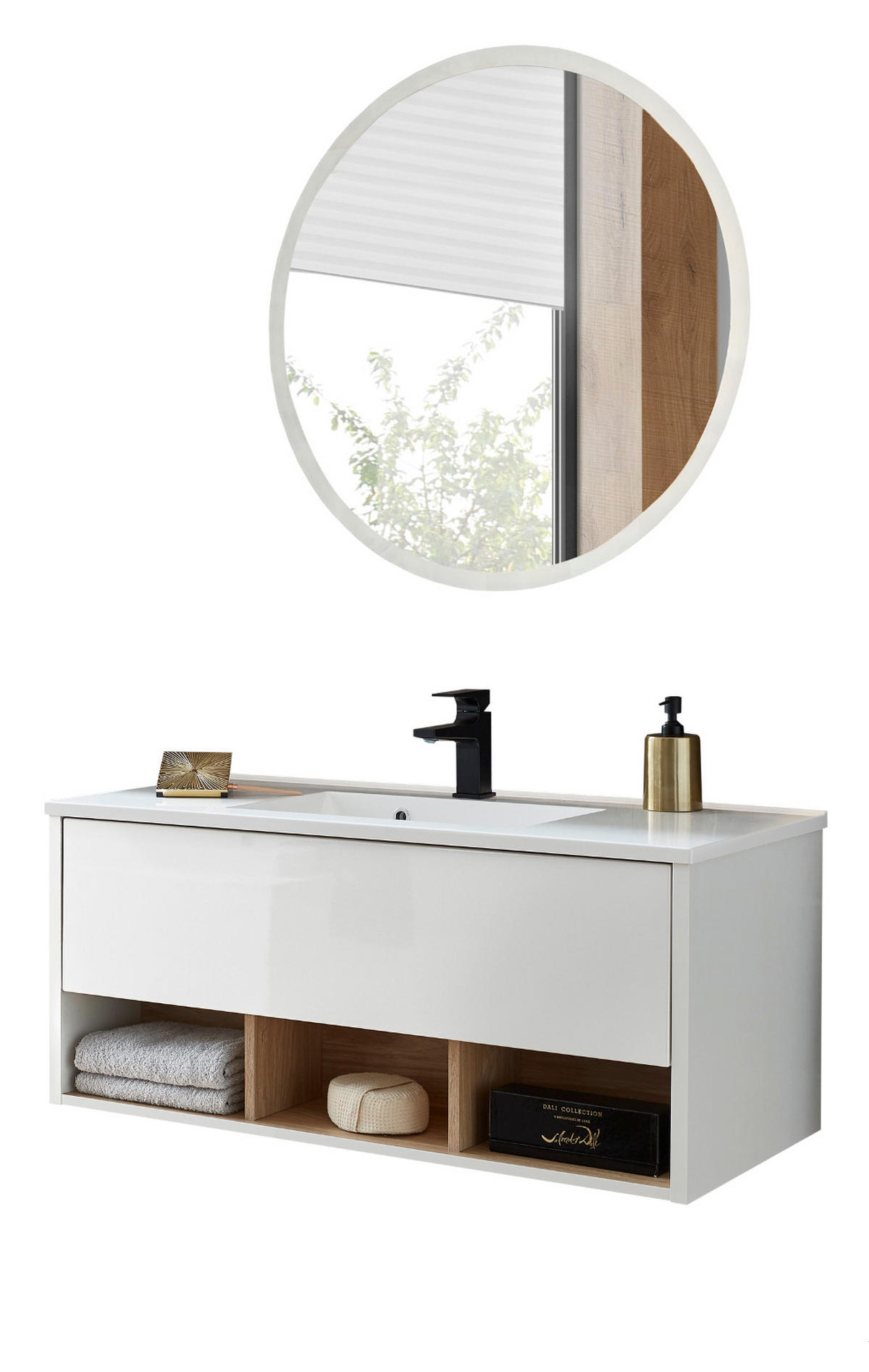 BADMÖBEL-SET 2-teilig weiß Hochglanz, Eiche mit Waschbecken und LED Beleuchtung 100 x 190 cm Glide - Weiß Hochglanz/Eichefarben, Glas/Holzwerkstoff (100/190/47cm) - Furn.Design