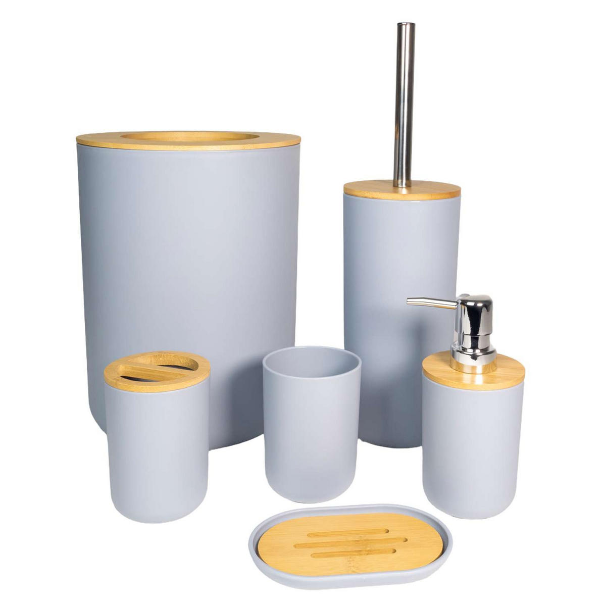 BADEZIMMER ZUBEHÖR SET (6-tlg.) mit Zahnputzbecher Seifenschale Seifenspender Toilettenbürste - Grau, Naturmaterialien (19.5/26/19.5cm) - Intirilife