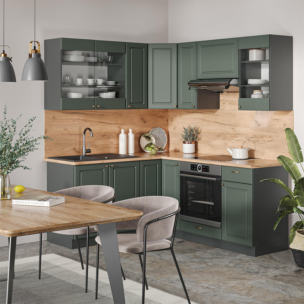 ECKKÜCHE Fame-Line Grün-Gold Landhaus/Anthrazit 160 x 190 cm AP Anthrazit - Anthrazit/Grün, Holzwerkstoff (190/81.6/60cm) - Vicco