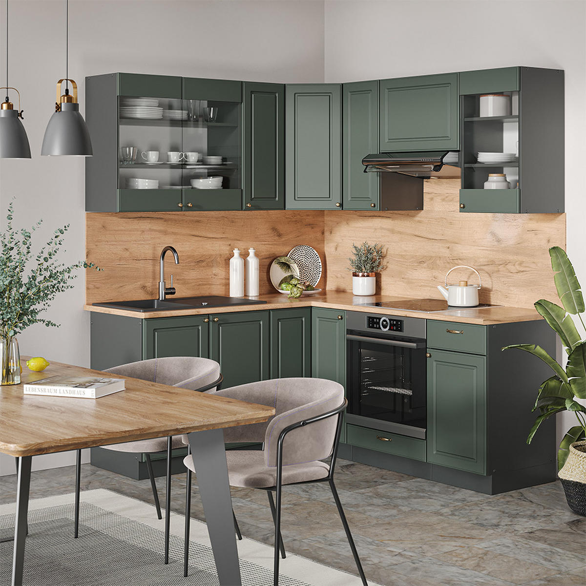 ECKKÜCHE Fame-Line Grün-Gold Landhaus/Anthrazit 160 x 190 cm AP Anthrazit - Anthrazit/Grün, Holzwerkstoff (190/81.6/60cm) - Vicco