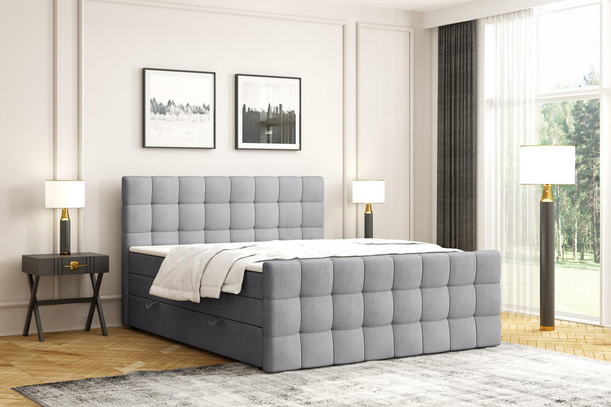 BOXSPRINGBETT Igante King Grau 180x200 cm mit Matrazen H3 & Topper - Grau, Holz (180/200cm) - Labett