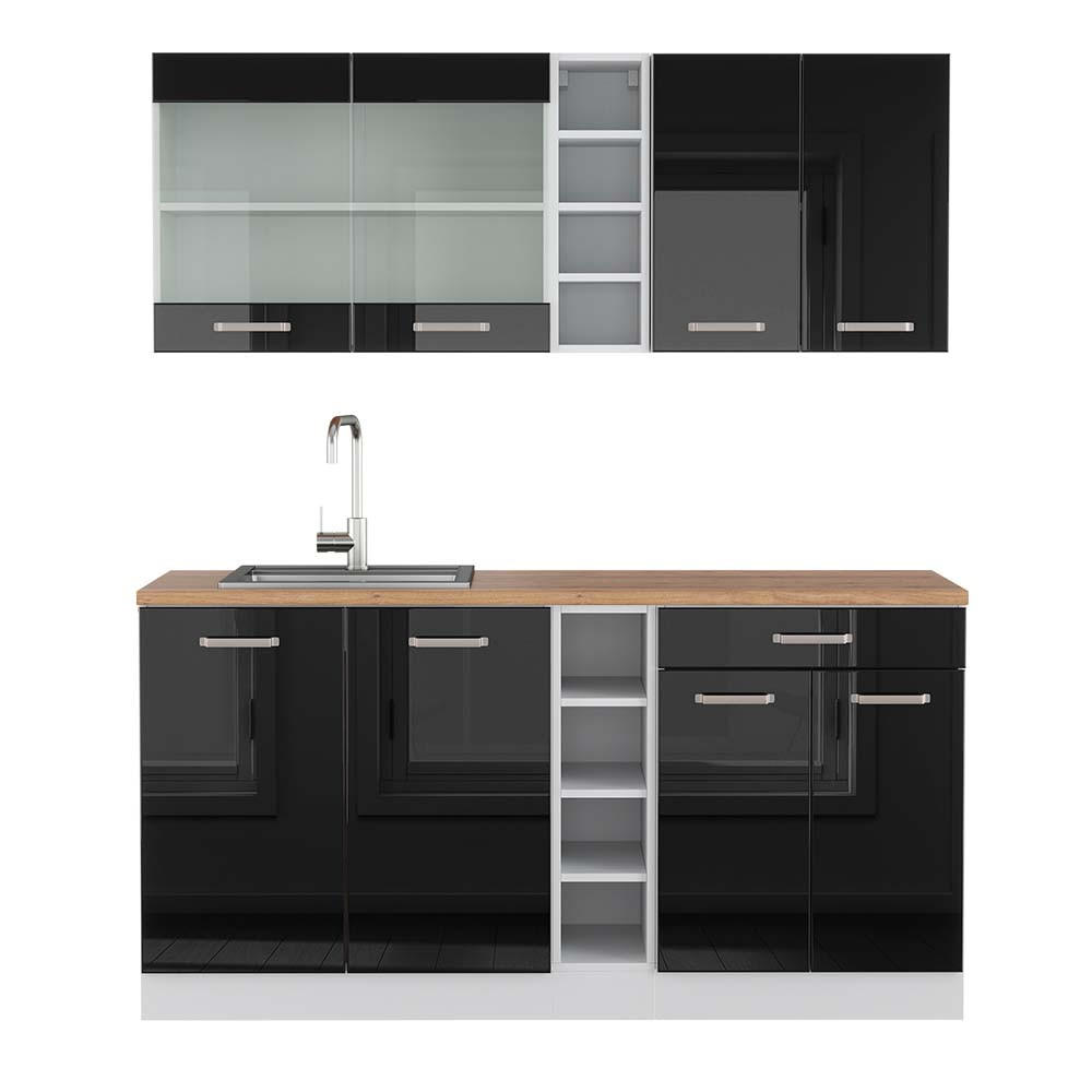 SINGLEKÜCHE R-Line Schwarz Hochglanz/Weiß 160 cm, AP Eiche - Schwarz Hochglanz/Weiß, Holzwerkstoff (160/81.6/60cm) - Vicco