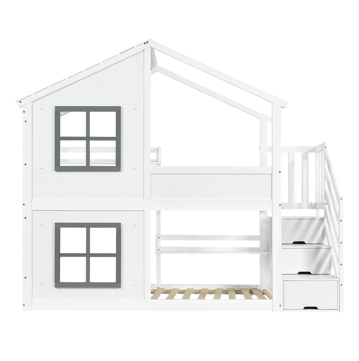 ETAGENBETT 90/200 cm weiß und grau aus Kiefer mit Treppen-Stauraum - Weiß, Holz (90/200cm) - OKWISH
