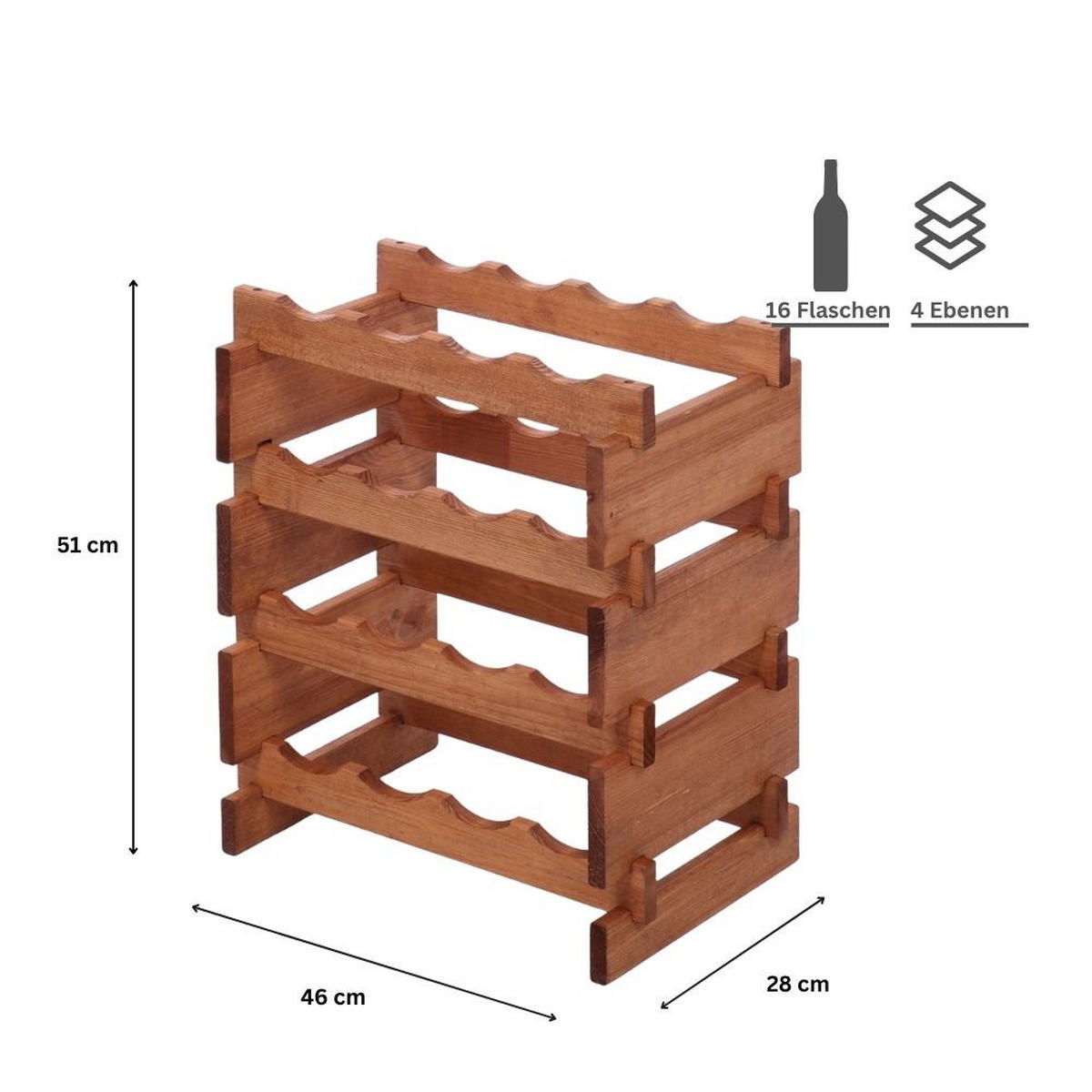 WEINREGAL VINOTECA FLEX PRO HxBxT 51x46x28cm 16 Flaschen auf 4 Ebenen Braun geölt - Braun, Holz (46/51/28cm) - PROREGAL