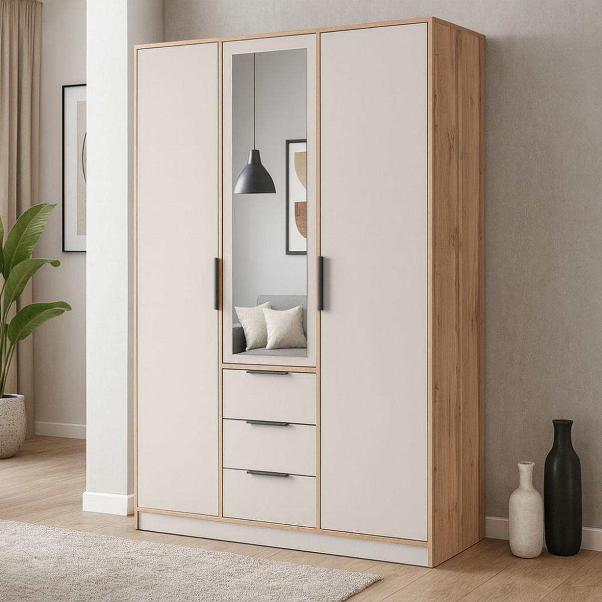 DREHTÜRENSCHRANK Livo mit 3 Türen und 3 Schubladen, kaschmir+eiche Wotan, 150 cm - Kaschmir/Eiche Wotan, Holzwerkstoff (150/200/57cm) - Beautysofa