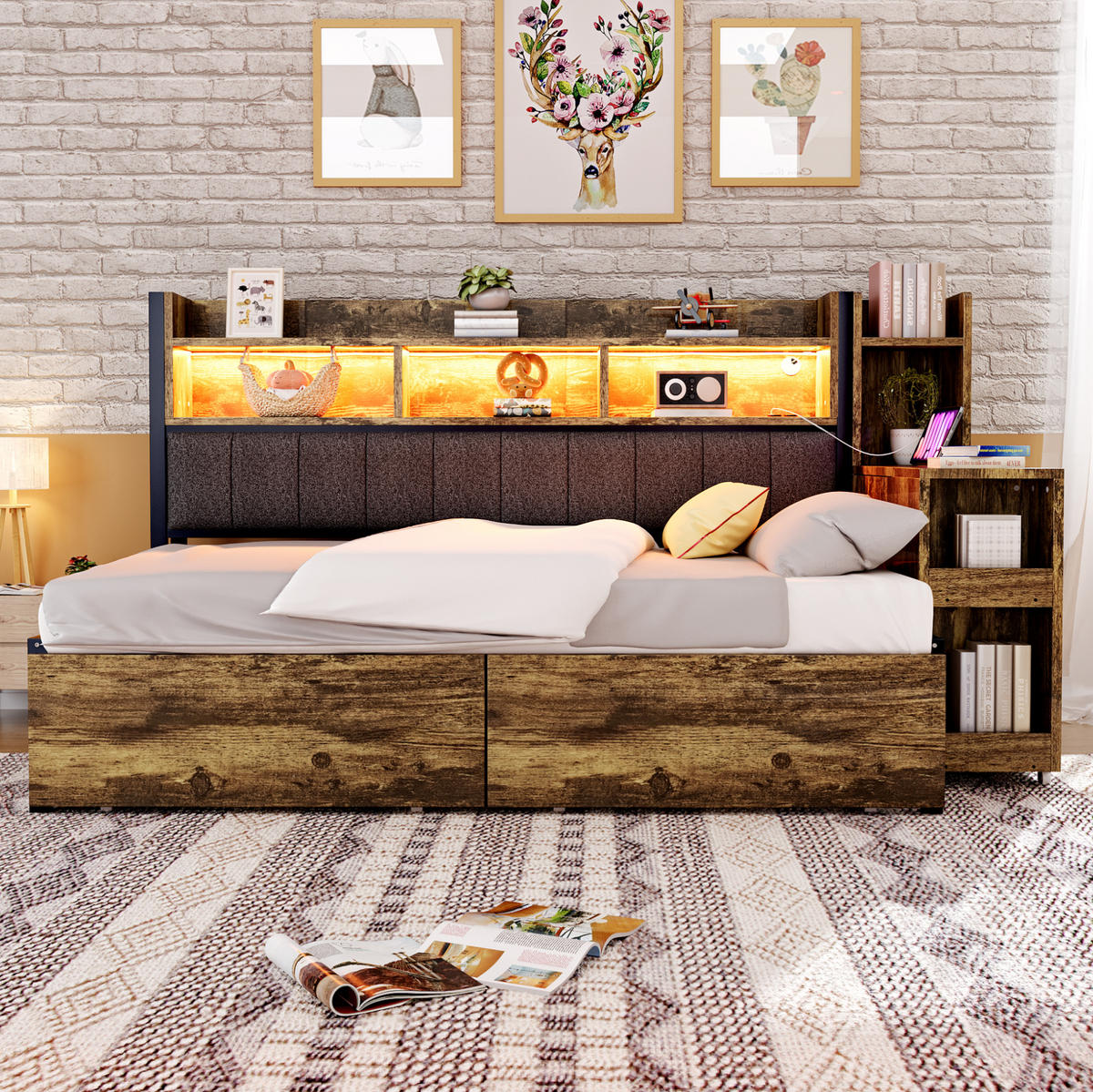 BETT 90/200 cm aus Metall mit Schreibtisch, Stauraum und Steckdosen, farbe - Naturfarben, Metall (90/200cm) - Redom