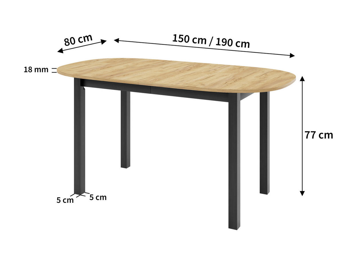 ESSTISCH VITO P Ausziehbar 150 - 190 / 80 x 77 cm - Goldfarben/Schwarz, Holz (150/80/77cm) - MASSENO