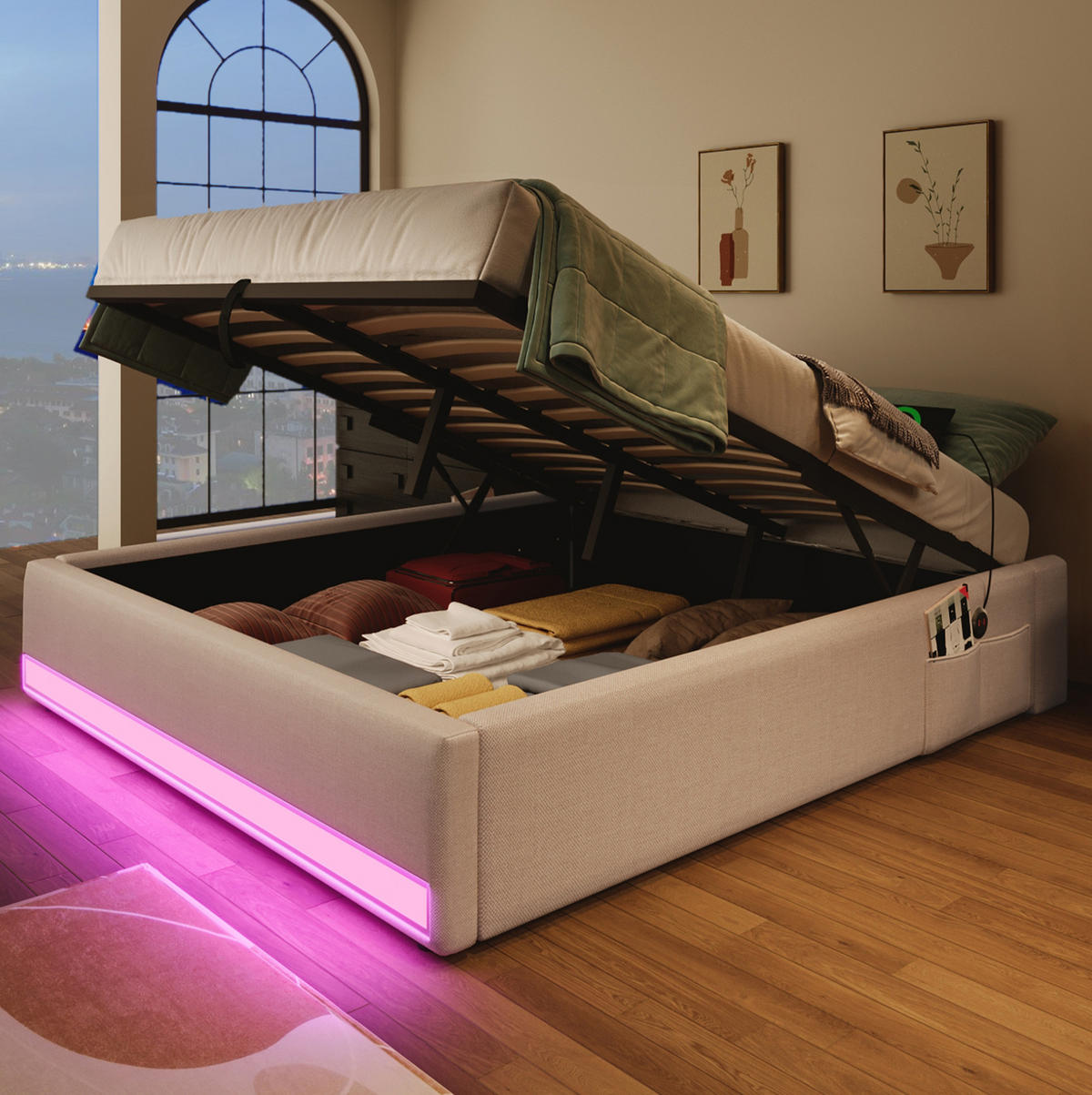 POLSTERBETT mit LED, USB und Stauraum 140x200 cm Leinen Beige - Beige, Metall (140/200cm) - Meubliv