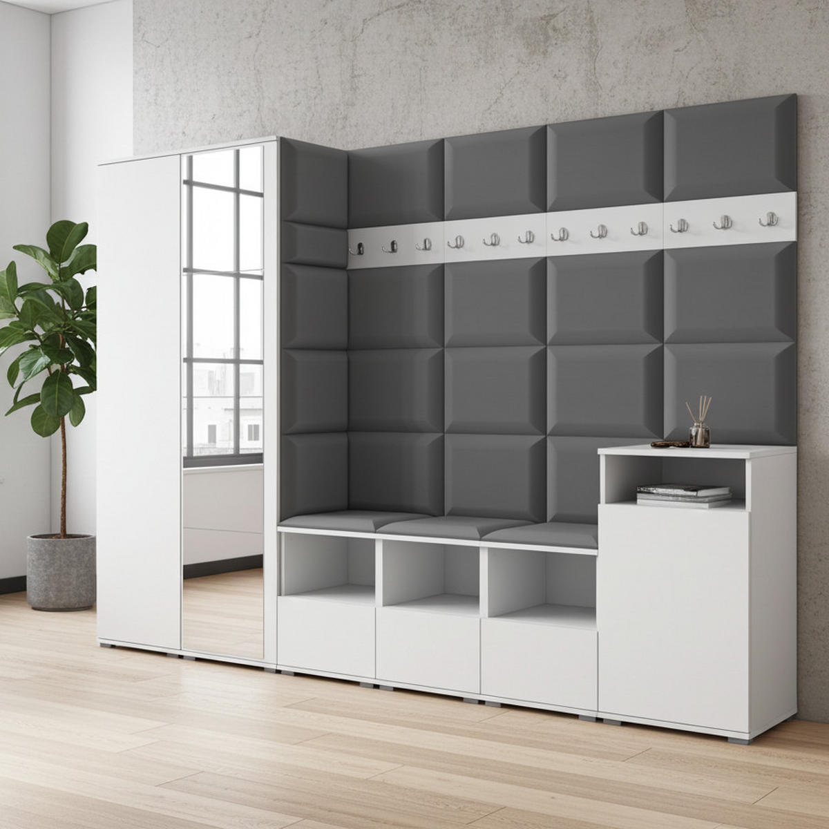 GARDEROBE NELA XII 300 cm (Modulare Flurmöbel Weiß mit Spiegel & Sitzpolster Dunkelgrau 15 Gigantisches Set) - Dunkelgrau/Silberfarben, Holz/Holzwerkstoff (300/187/40cm) - Ravio
