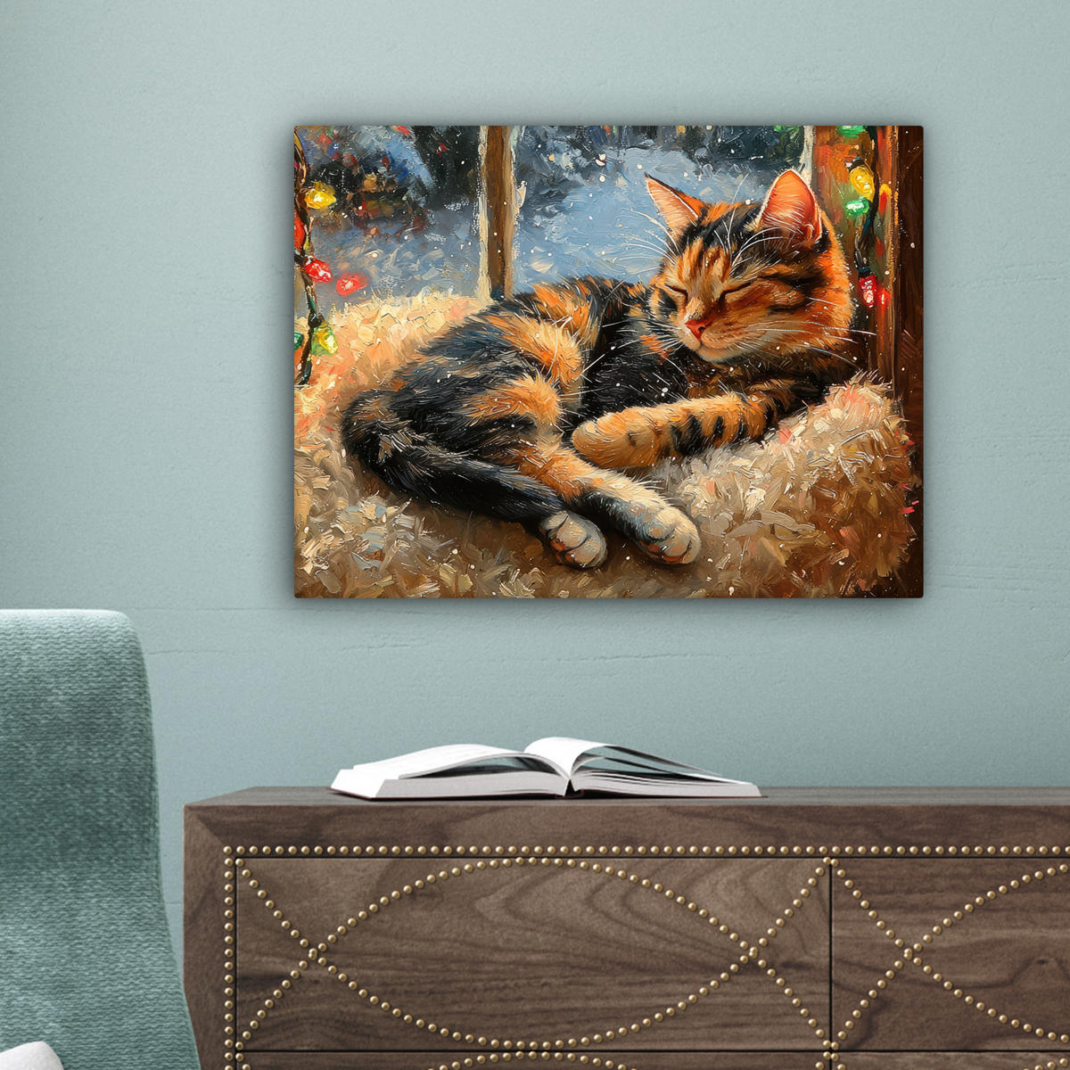 LEINWANDBILD Katze - Weihnachten - Winter - Tier 40x30 cm - Bernsteinfarben, Textil (40/30cm) - MuchoWow