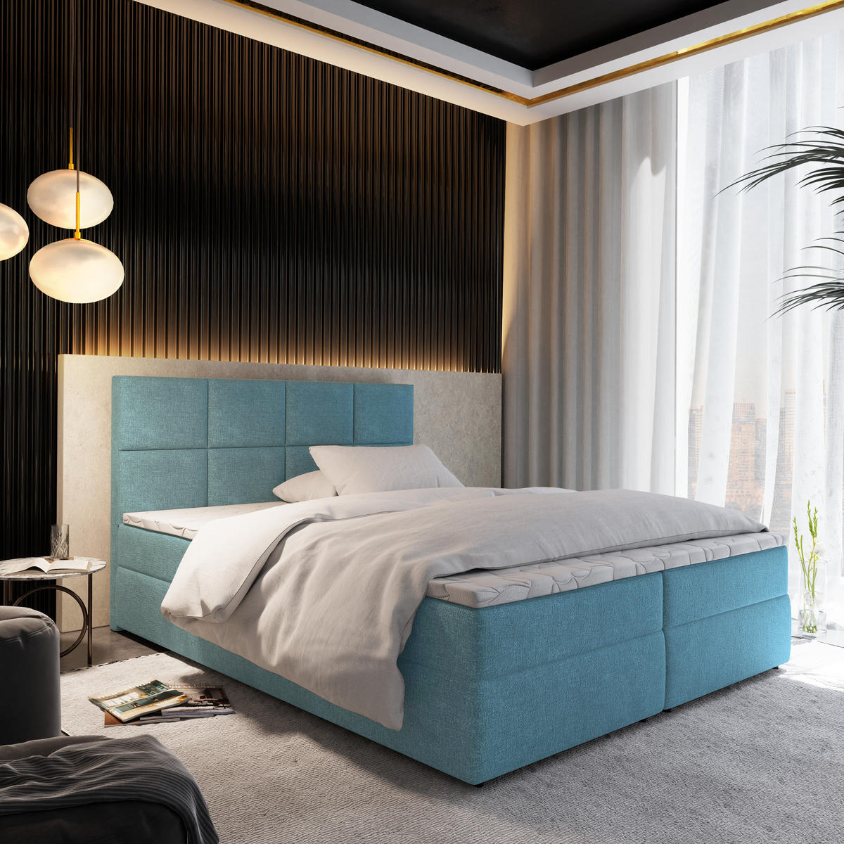 BOXBETT LENA 180x200 cm mit Matratze und Topper - Blau - Hellblau, Holz (180/200cm) - MASSENO