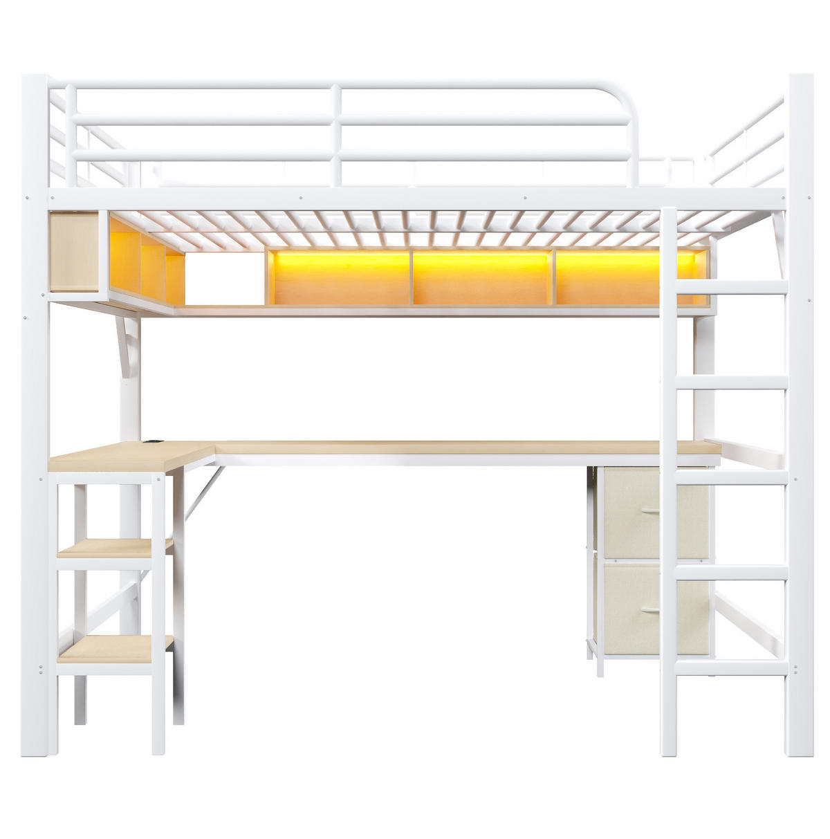 HOCHBETT 140/200 cm in Weiß – mit Schreibtisch, Stauraum und Rausfallschutz - Weiß, Holzwerkstoff (140/200cm) - BEAOK