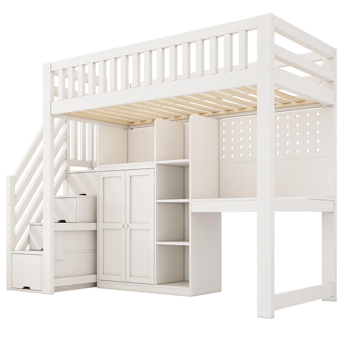VYSOKÁ posteľ 90/200 cm biela z dreva s písacím stolom, skriňou a úložným priestorom - biela, kompozitné drevo (90/200cm) - OKWISH
