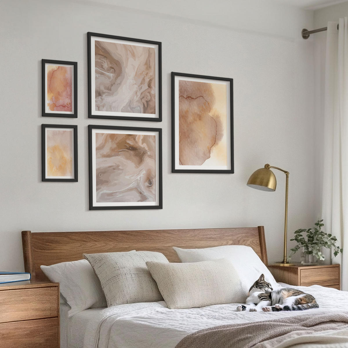 BILDER SET 5er Set - 50x50 cm & 20x30 cm & 40x60 cm Schwarzer Rahmen - Warme Aquarellfarben auf Leinwand - Schwarz, Kunststoff (40/60cm) - TULUP