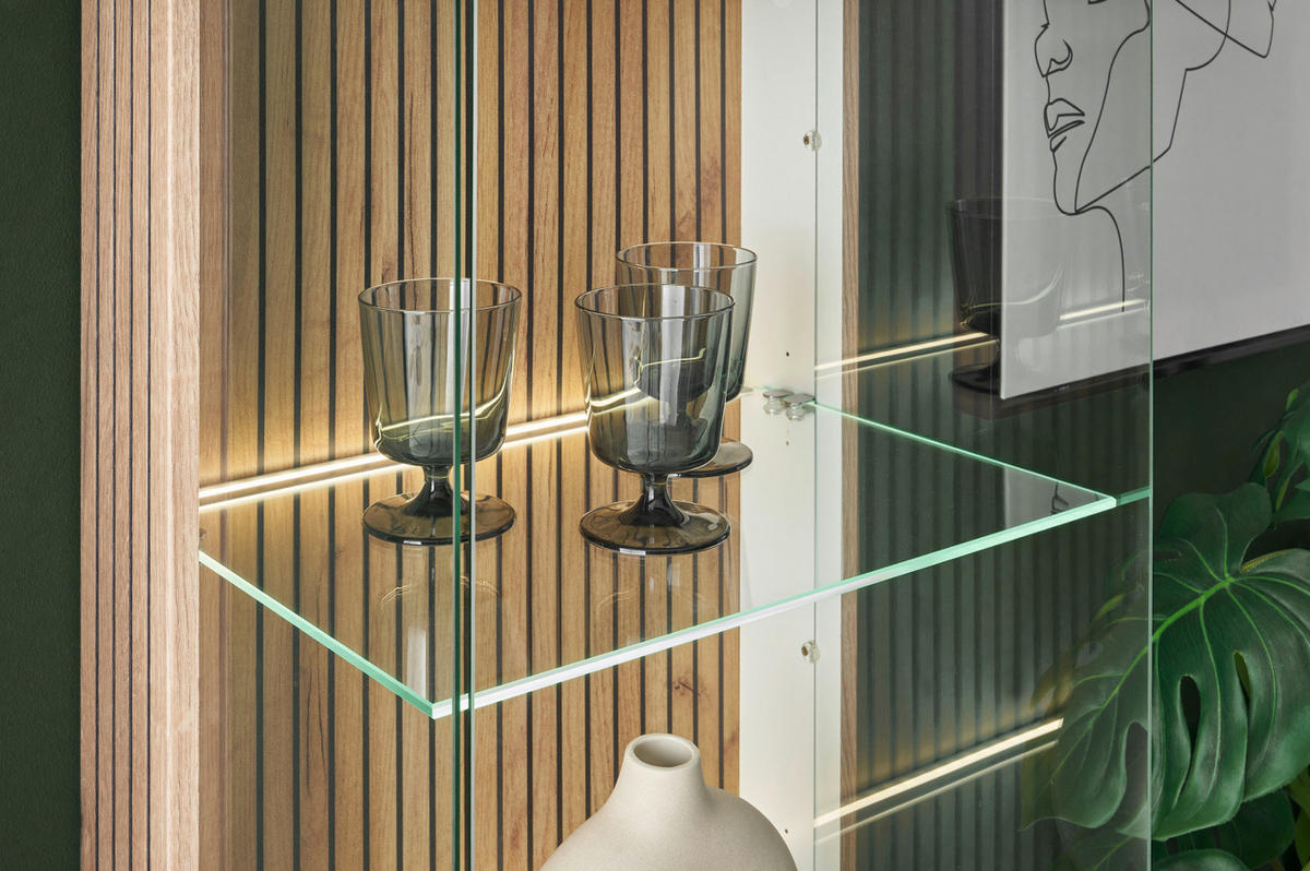 WOHNWAND weiß matt, Eiche 3-teilig 258 x 180 cm, Schrankwand mit viel Stauraum und Soft-Close-Funktion - Eichefarben/Schwarz, Glas/Holzwerkstoff (258/180/42cm)