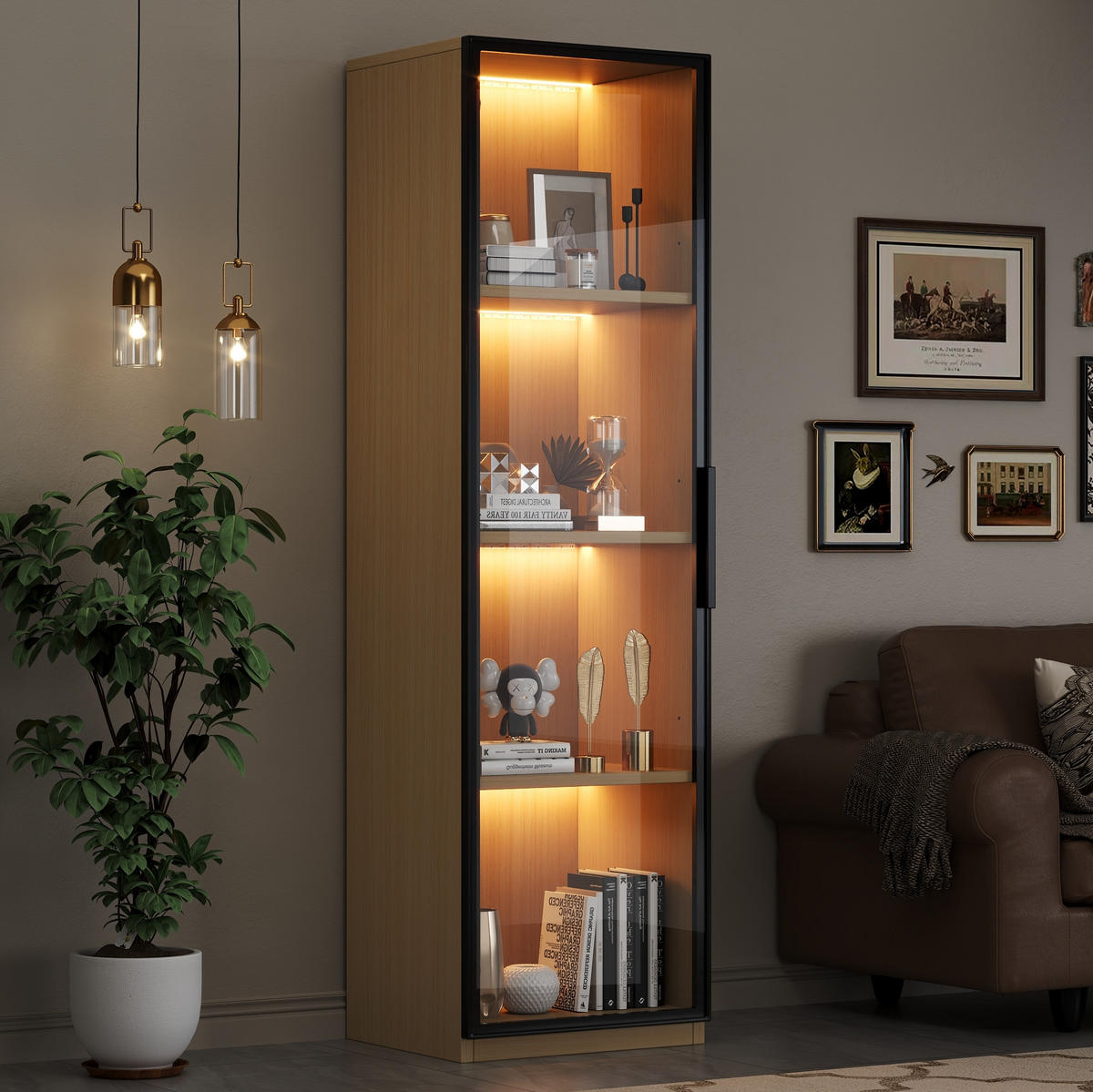 VITRINE aus MDF 40x40x165cm in Eiche mit LED & Glastür - Eichefarben, Holzwerkstoff (40/165/40cm) - Modfu