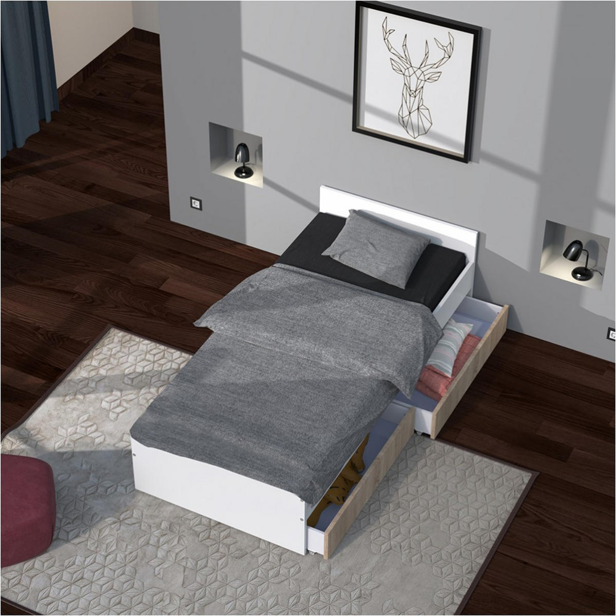 BETT KAPPA mit Schubladen/ Bett 90x190 - Weiß & Eiche Gebleicht Dekor - Multicolor, Holzwerkstoff (90/190cm) - Weber Industries