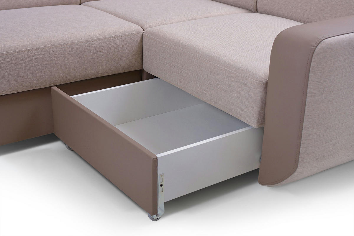 WOHNLANDSCHAFT PALAZZO Beige Geflochtener Stoff mit Schlaffunktion - Beige, Holz (337/97/184cm) - MASSENO