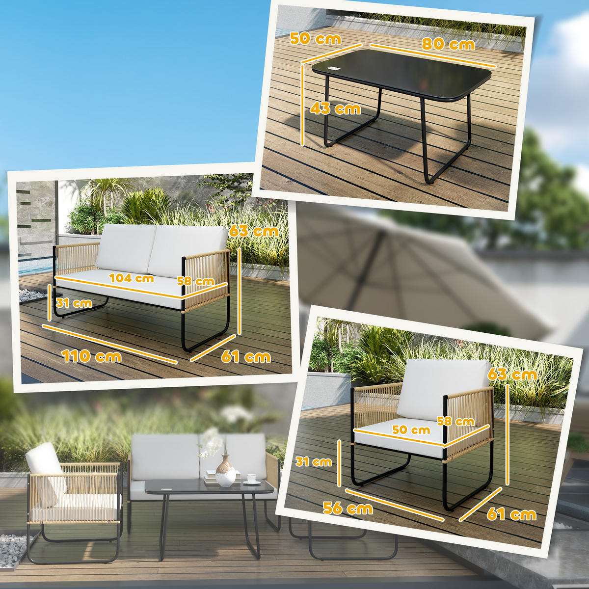 GARTENSET DE-13620 4-teilig mit Glastisch & Kissen Creme - Creme, Kunststoff/Metall - ComfortXL
