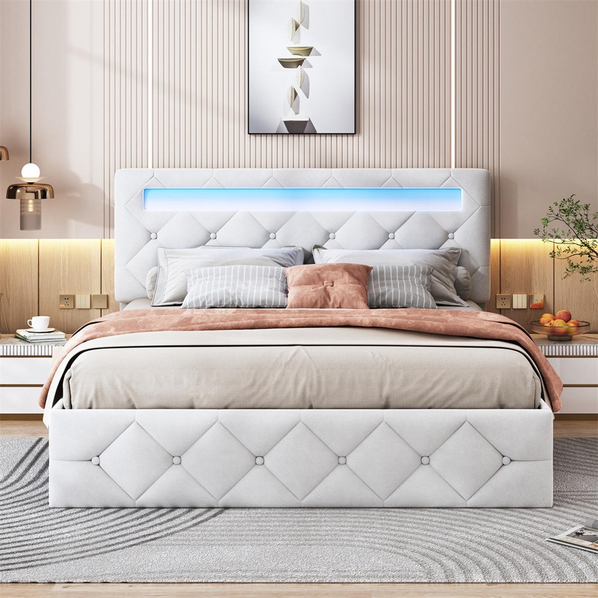 POLSTERBETT 140x200 cm - mit LED-Beleuchtung und hydraulischem Bettkasten - ohne Matratze - Samt - Creme, Textil (140/200cm) - DELFA