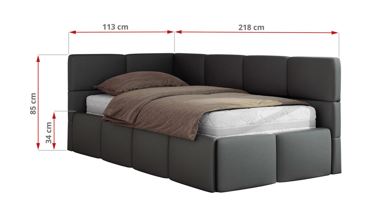 JUGENDBETT ARVO 90/200 - Grau Kunstleder - Pocket-Matratze - Links Seite - Grau, Textil (90/200cm) - MKS