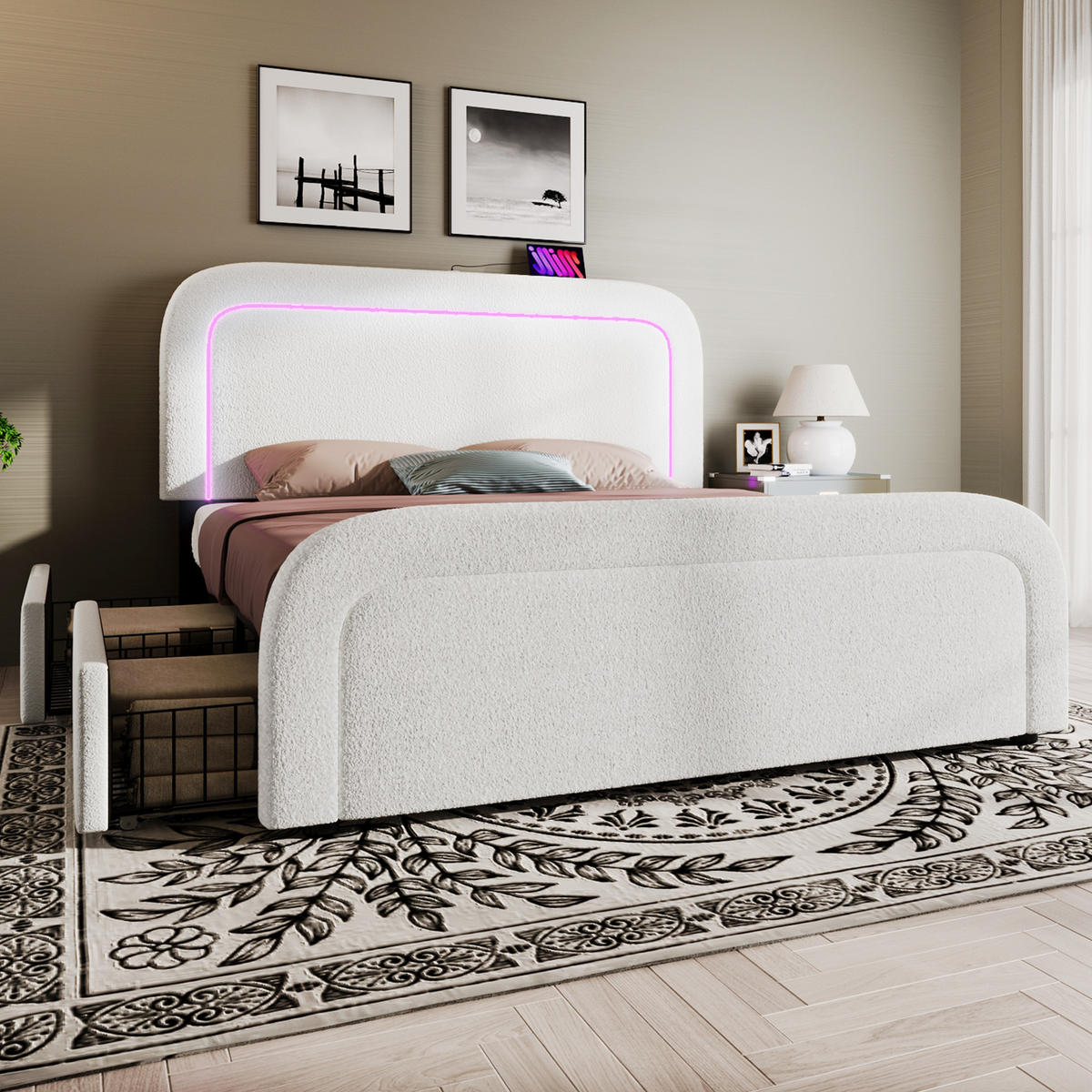 POLSTERBETT 160/200 cm mit USB- und USB-C-Anschluss, LED und 4 Schubladen aus Sherpa, Weiß - Weiß, Textil (160/200cm) - Redom