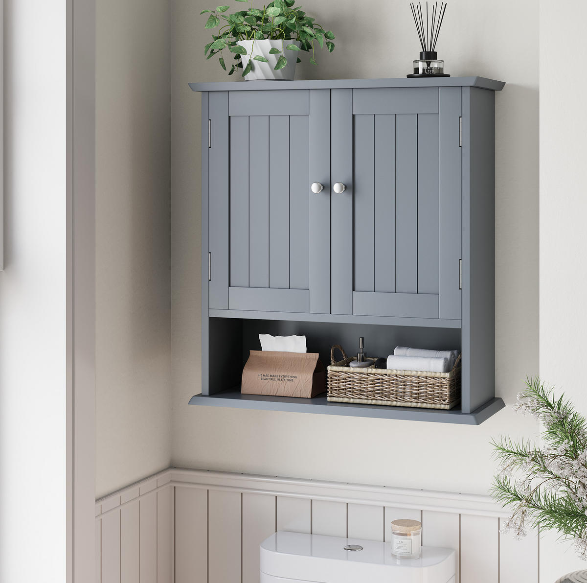 BADEZIMMERSCHRANK Wandregal mit Türen 54,6 x 19,8 x 60 cm Hellgrau - Hellgrau, Holzwerkstoff (19.8/60/54.6cm) - Beauniv