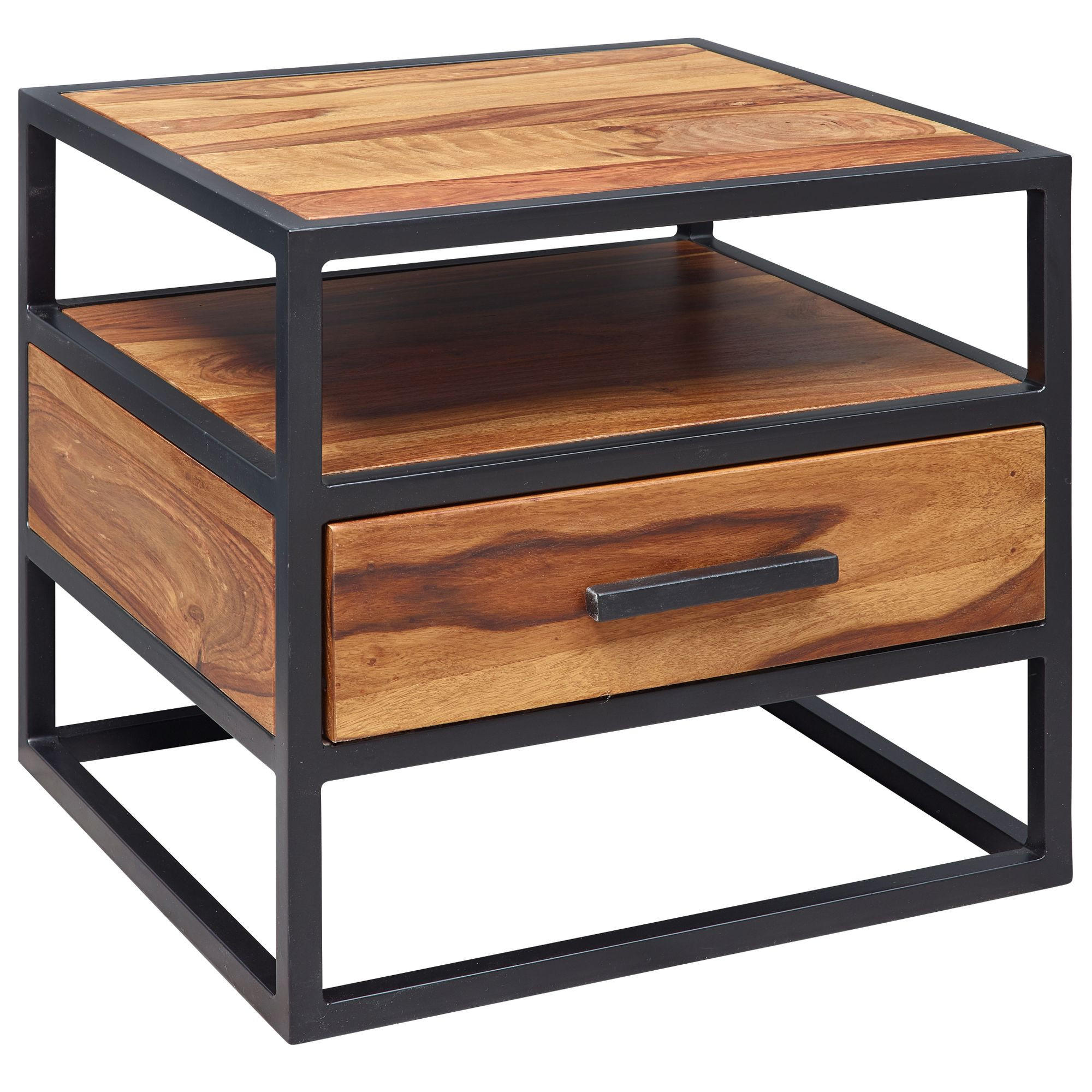 NACHTTISCH – Massivholz/Stahl, mit Stauraum, Industrial-Stil - Schwarz/Braun, Holz/Metall (50/45/45cm) - KADIMA DESIGN